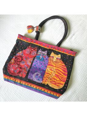 Vintage Y2K Laurel Burch Tote Bag Cats Bright Sequins Beaded 90s Artsy Colorful